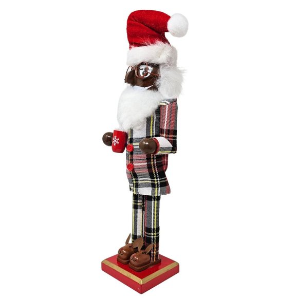 Christmas Eve Ethnic Santa In Pajamas With Hot Cocoa 14" Wood Nutcracker - Picture 4 of 4